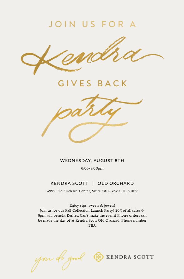 Mark your calendars for Wednesday, August 6th as Keshet teams up with <a href="/KendraScott/">kendrascott</a> at the <a href="/OldOrchard/">WestfieldOldOrchard</a> location for a Kendra Gives Back Party! A portion of all sales between 6-8pm will benefit Keshet. #KendraScott #FallLaunch #fundraiser #nonprofit
facebook.com/events/9239539…