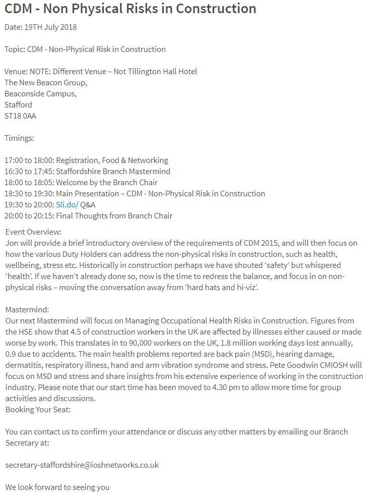 IOSH_Staffs's tweet photo. Event Tomorrow... Venue: NOTE: Different Venue – Not Tillington Hall Hotel
The New Beacon Group,
Beaconside Campus,
Stafford
ST18 0AA

Topic: CDM - Non-Physical Risk in Construction
See image for new venue location - remember also CPD/IPD sessions available. @IOSH_tweets #IOSH https://t.co/PXhGIC0FGx