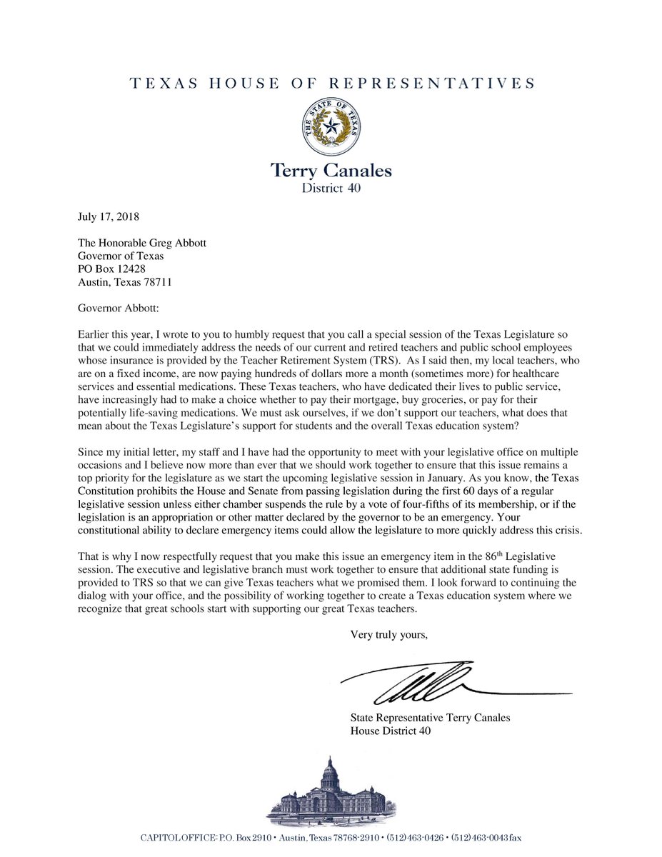 Yesterday, I sent a letter to Texas Governor Greg Abbott requesting that he declare our state's Teacher Retirement System an emergency item in the upcoming legislative session, which could allow the legislature to more quickly address this crisis. #Txlege