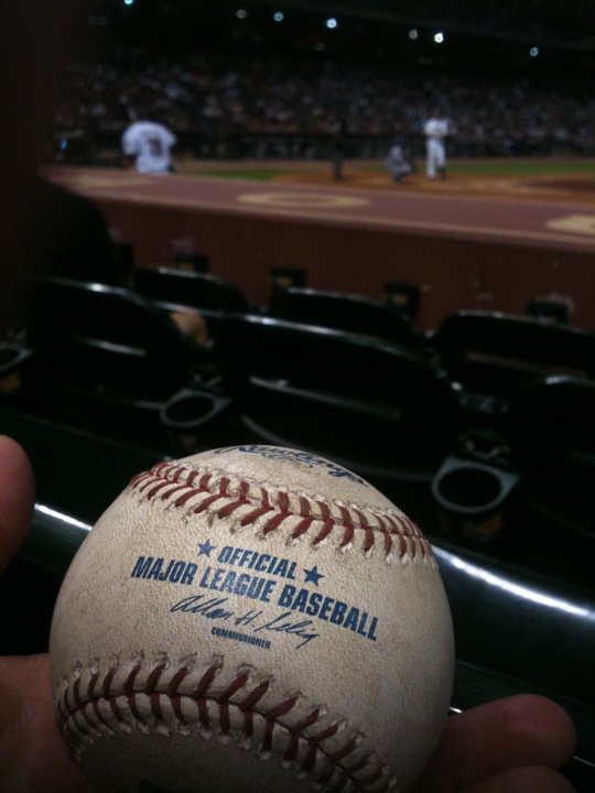 chrisfrink's tweet photo. Waay back in 2010, a 10-games-below-.500 year. Got great seats for a late-season game against the Dodgers. Wandy struck out 10 in the loss. @blummer27 worked a walk. And Humberto Quintero earned a place in our hearts with a ball for @camillefrink. #ultimateSWfanla https://t.co/HdoQRws6xm