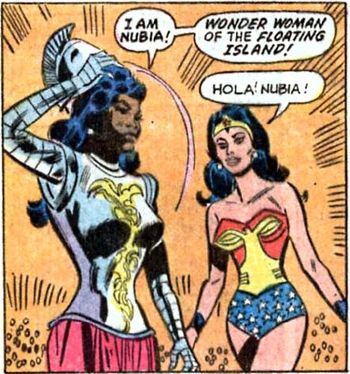 Nubia (Earth-One) was an Amazon warrior, a rival to the title of Wonder Woman.Formed from clay as a twin to Diana (Wonder Woman), the dark-skinned Nubia was kidnapped by Mars, who raised her, controlling her mind so that she would help him bring down the Amazons.