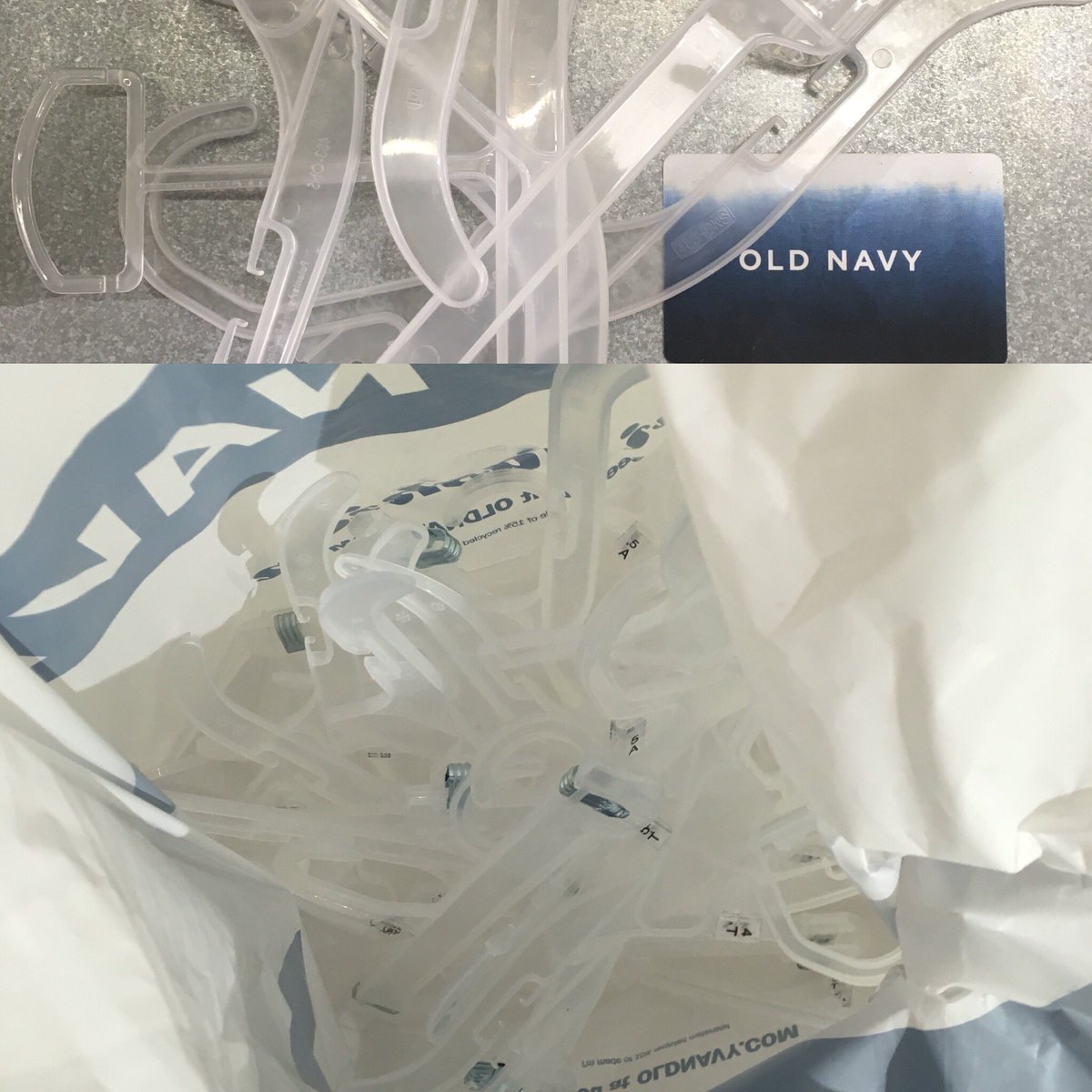 J2thecarpenter's tweet image. A friend was checking out @OldNavy and the cashier told us that  they don’t ♻️ their plastic hangers! So we took bags of them home to recycle ♻️ them ourselves. Ugh! #Recycle #DoYourPart