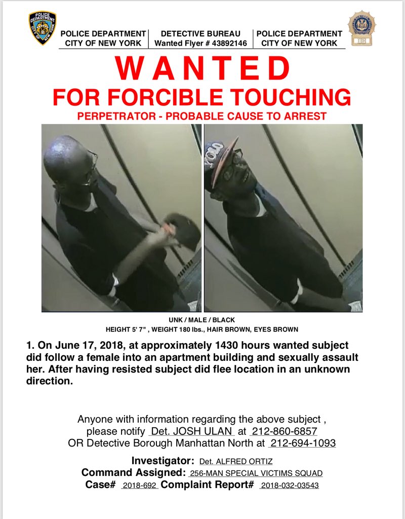 NYPD32Pct's tweet photo. The #NYPD👮🏽‍♀️is asking the public for assistance with locating and identifying the individual in the attached picture who is wanted for a Forcible Touching incident that occurred within the confines of the #32Pct. Please help us identify this predator: https://t.co/7j9S3R8p15