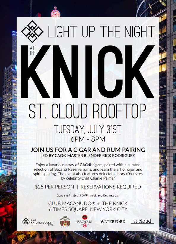 Cigars, rum, and Ricky Rodriguez--do we need to say anything more? 

Light up the night at #ClubMacanudoNYC in Times Square on Tuesday, July 31st for great company, great food, and great #CAOcigars.