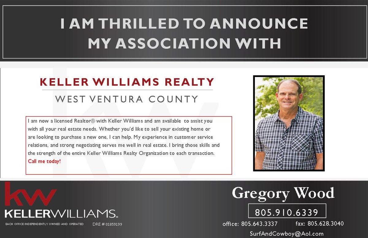 Gregory Wood has joined the KW West Ventura family and we are thrilled he has chosen us as his brokerage. We look forward to working with him to build a successful business. Welcome aboard Greg!