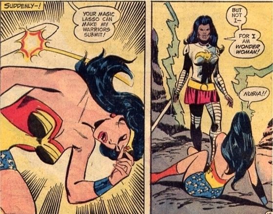 Diana and the intruder seemed evenly matched until the intruder knocked the sword from Diana's hands, and then hesitated to kill her, giving Diana the chance to wrestle her to a draw.