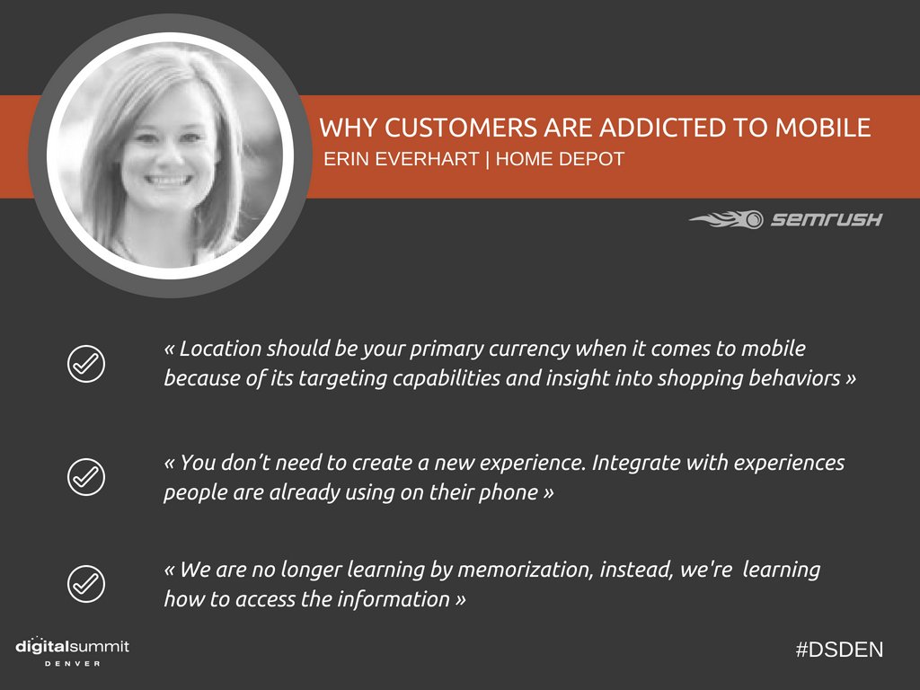 semrush's tweet photo. 📱@erinever shared her top tips on how #mobile has changed the way customers shop and what we, as marketers, can do about it at her latest session at #DSDEN! Here are some of our top takeaways ⬇️
#DSDenver @DigitalSummits https://t.co/H90VALBvmY