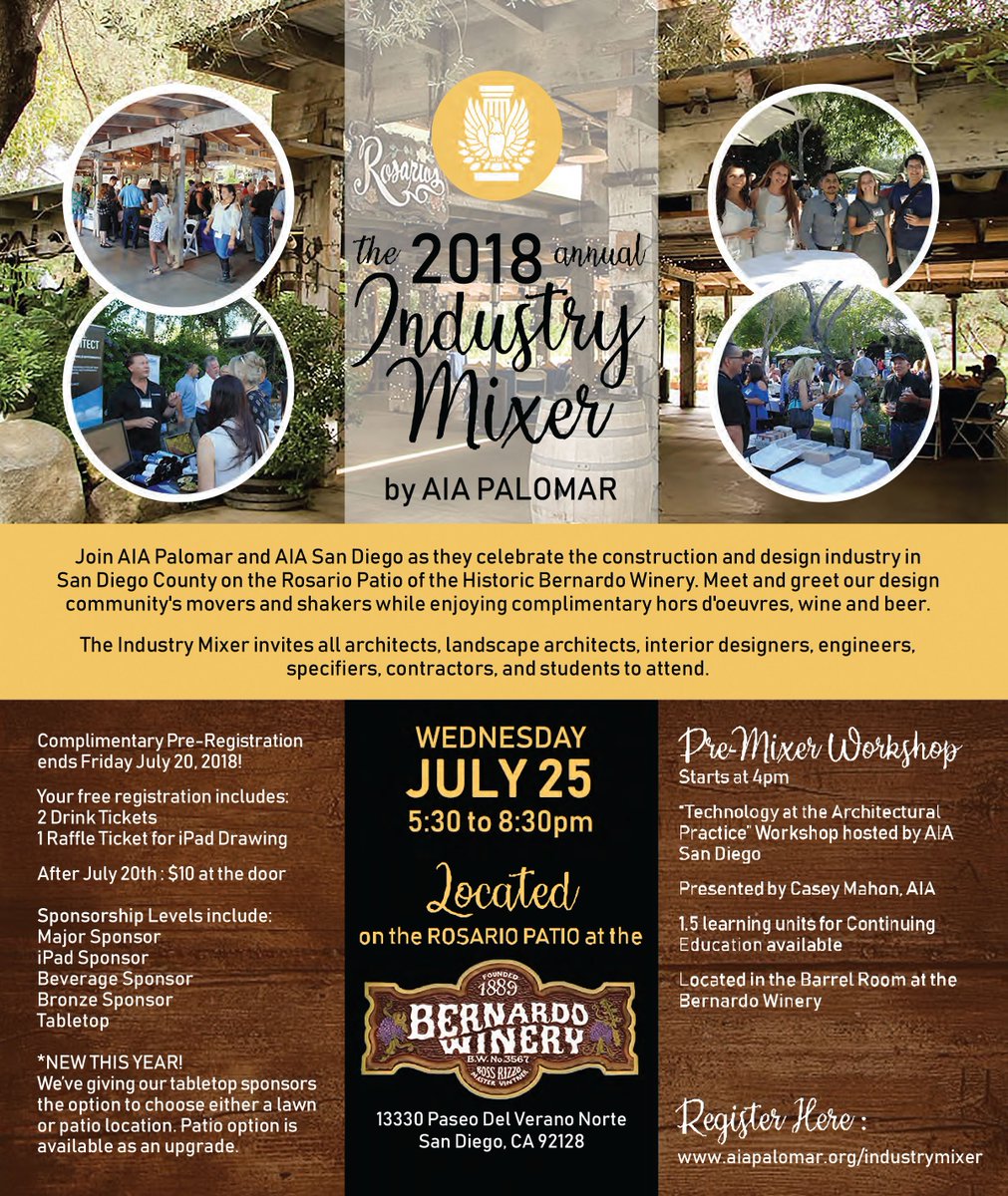 AIAPalomar's tweet image. Complimentary online registration closes this Friday, July 20, 2018! After Friday, you can pay at the door for $10. A few sponsor tabletops are still available if you&apos;re interested in reaching 200+ attendees! RSVP HERE: aiapalomar.org/industrymixer/