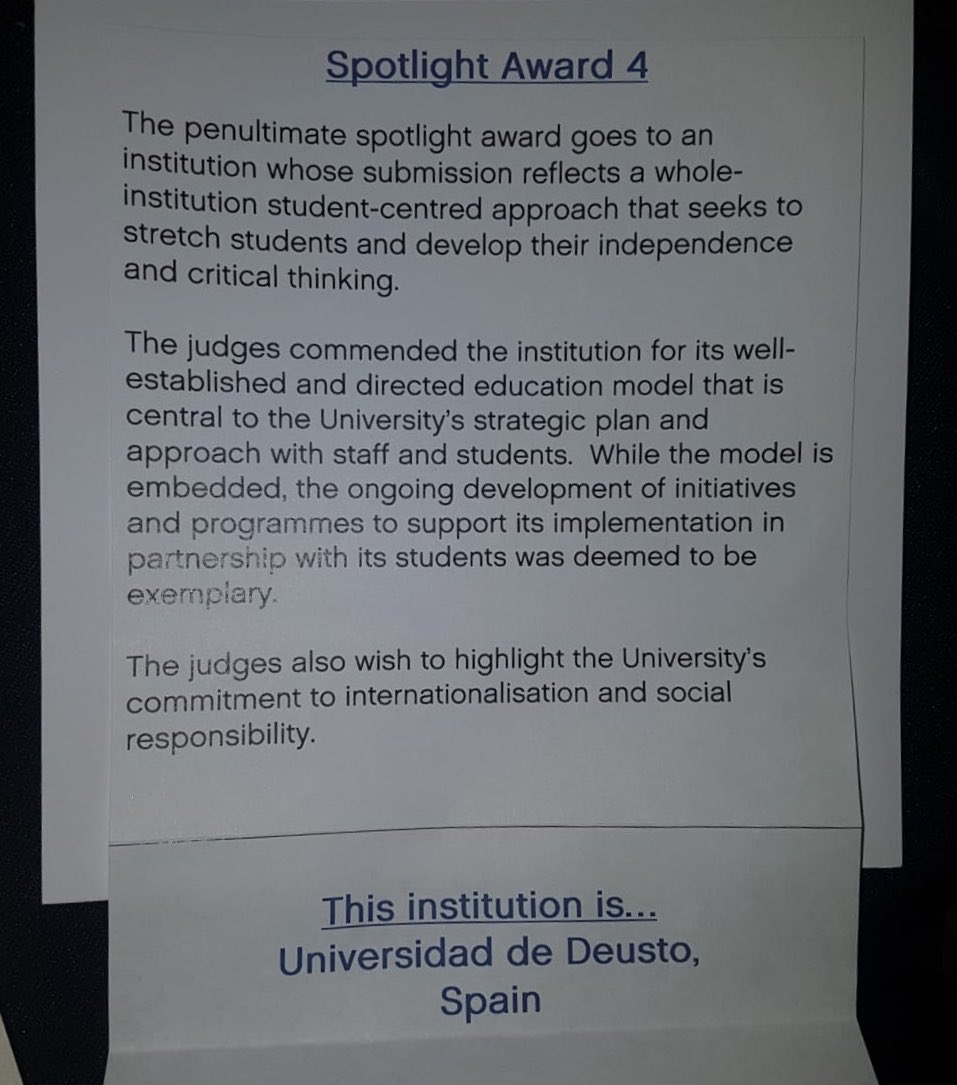 Muy contentos !!! <a href="/deusto/">Universidad Deusto - Deustuko Unibertsitatea</a> recibe un Spotlight Award en los Global Teaching Excelence Award #GTEA2018 <a href="/ArantzaArruti/">Arantza Arruti Gómez</a> <a href="/martaroldanh/">Marta Roldán</a> <a href="/SRomeroYesa/">Susana Romero Yesa</a> #deustoinnovación