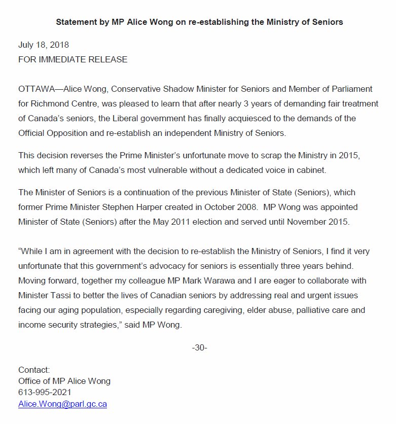 Statement on re-establishing the Ministry of Seniors in today's #CabinetShuffle. #cdnpoli
