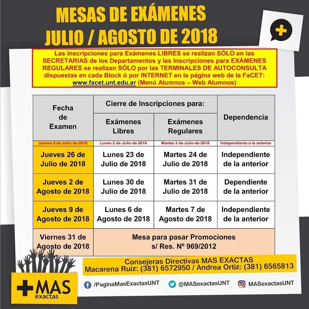 MASexactasUNT's tweet photo. MESAS DE EXÁMENES TURNO JULIO / AGOSTO 2018.
Próxima Mesa: Jueves 26 de Julio de 2018.
#Sumate #MasExactas #Facet #UNT https://t.co/Hp2xmT9trG