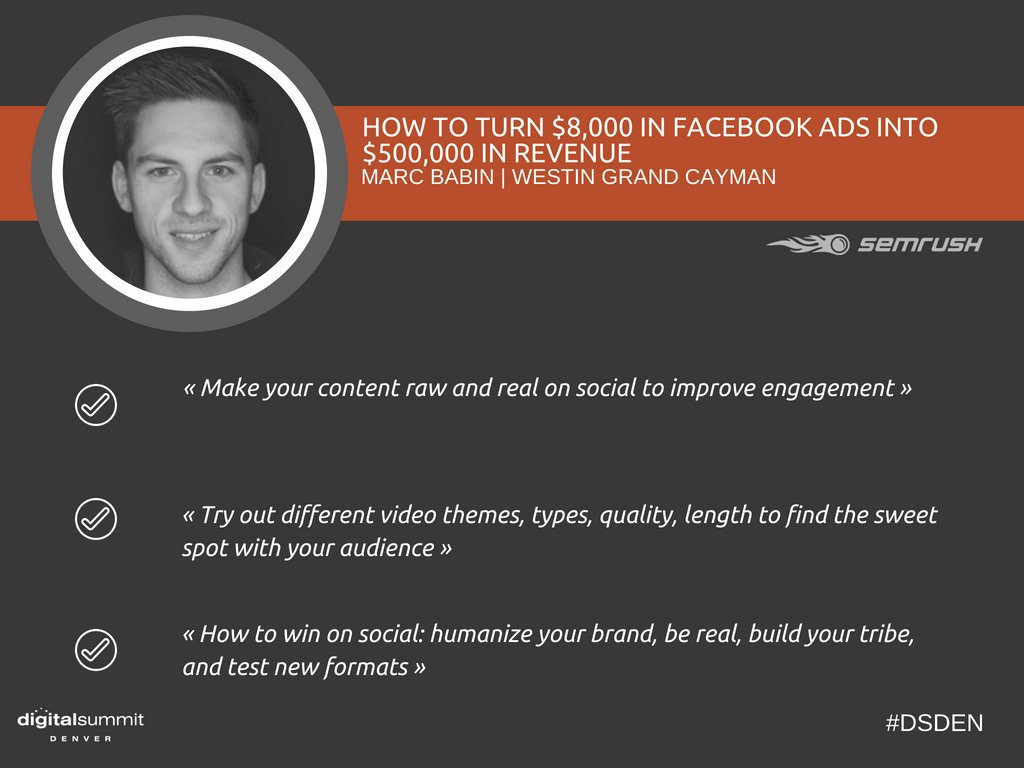 semrush's tweet photo. .@Marc_Babin of @WestinGCayman had us all wishing we were on a tropical beach during his talk on #FacebookAds and revenue 🌴
#DSDEN #DSDenver @digitalsummits https://t.co/fIOIqW6vO2