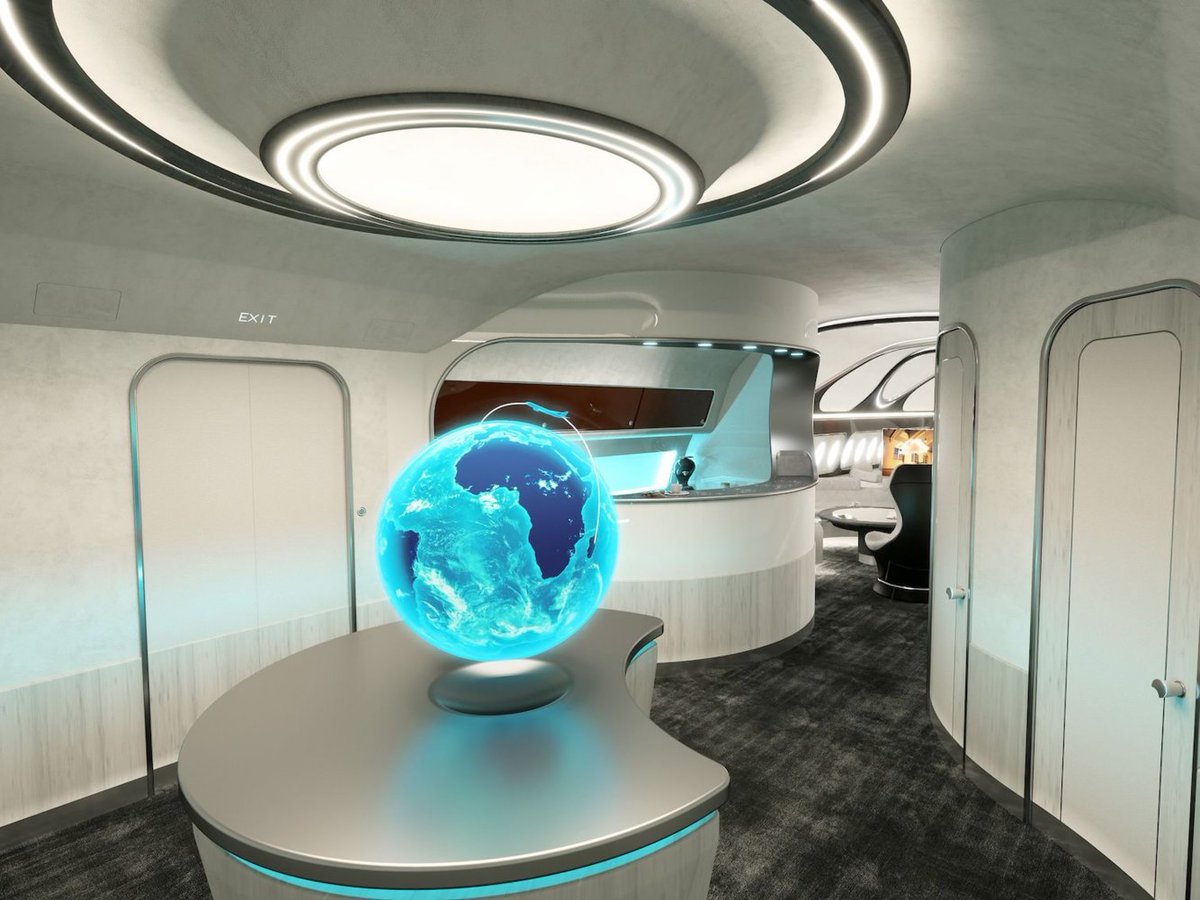 FlyClearview's tweet image. ACJ’s Harmony Interior; passengers are greeted by a holographic globe that pinpoints the plane's exact location. 
#AirbusCorporateJets #ACJ330neo #ACJ350XWB #Airbus @Airbus #ClearviewAviation #PrivateJet