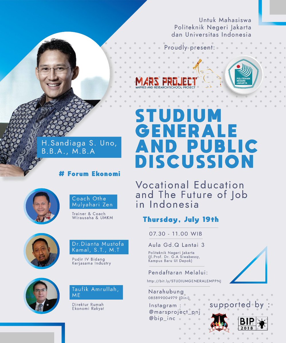 Hari ini, PPD featuring <a href="/MPPNJ/">MARS PROJECT</a> akan menghadirkan Wagub <a href="/sandiuno/">Sandiaga Salahuddin Uno</a> dalam Studium Generale di PNJ..ikutan yuk :)