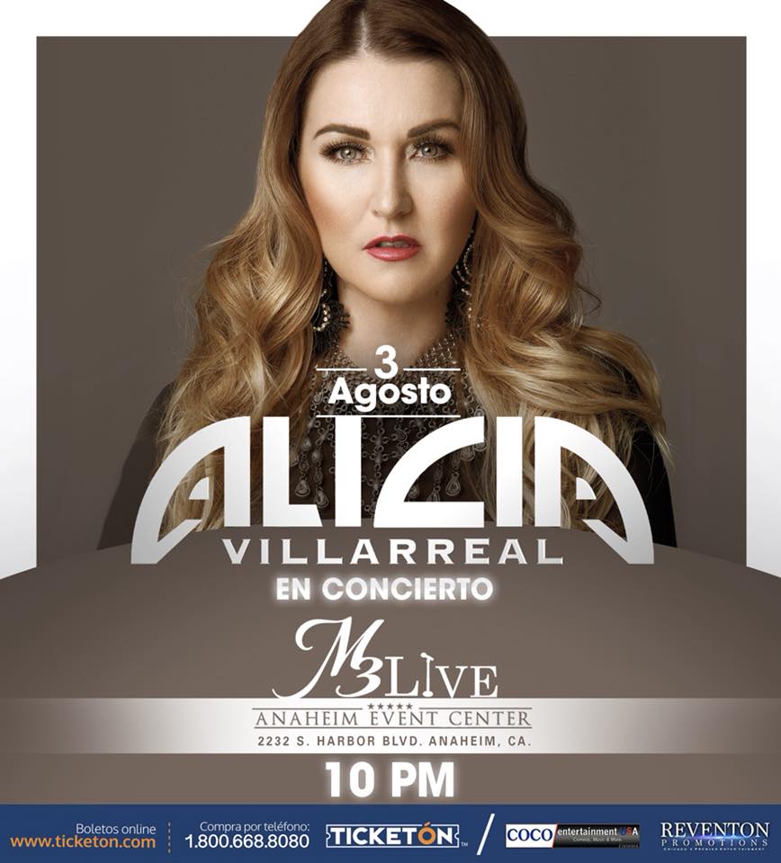 No te pierdas el show de Alicia Villarreal este 3 de Agosto en el M3 Live Event Center de Anaheim, CA. Boletos a la venta en ticketon.com y en taquillas de M3 Live. #aliciavillarreal #anahiem #m3liveeventcenter #cocoentertainmentusa #reventonpromotions