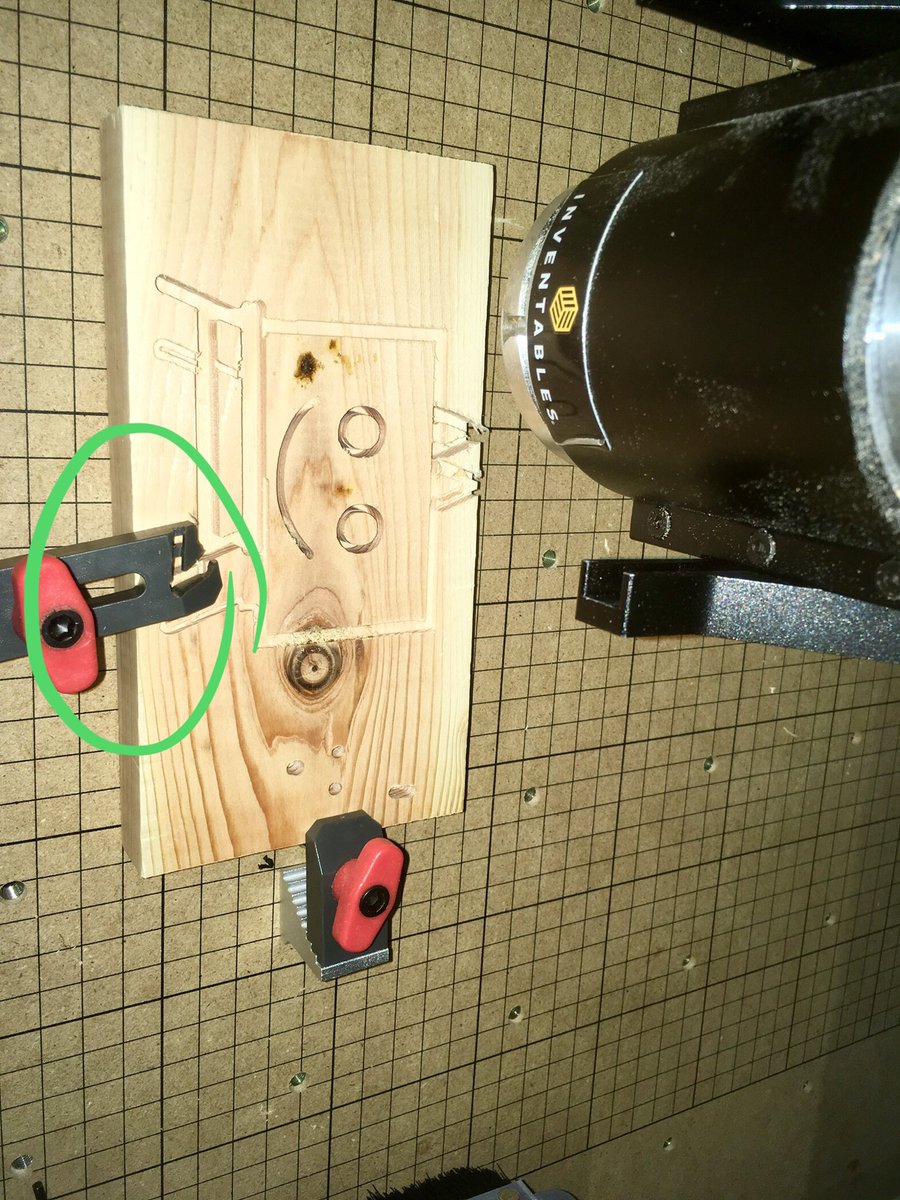 bri_huang's tweet photo. First use of the e-Stop button! Lesson learned. Check your tool path before running the CNC. #noobMistake @Inventables Xcarve #hackschool https://t.co/UbGL0InQPF