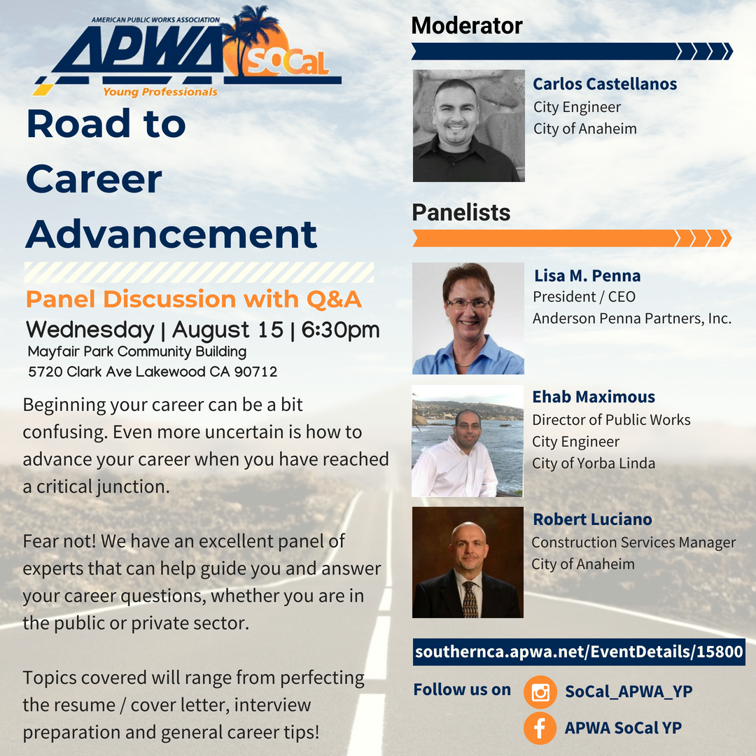 AndersonPenna (@andersonpenna) on Twitter photo On August 15th, the <a href="/APWASoCal/">APWA SoCal</a> is hosting a career advancement Q&A for young professional engineers. This panel discussion will feature APP President/CEO Lisa Penna, Yorba Linda Dir. of Public Works Ehab Maximous and Anaheim Construction Services Manager Robert Luciano. On August 15th, the <a href="/APWASoCal/">APWA SoCal</a> is hosting a career advancement Q&A for young professional engineers. This panel discussion will feature APP President/CEO Lisa Penna, Yorba Linda Dir. of Public Works Ehab Maximous and Anaheim Construction Services Manager Robert Luciano.