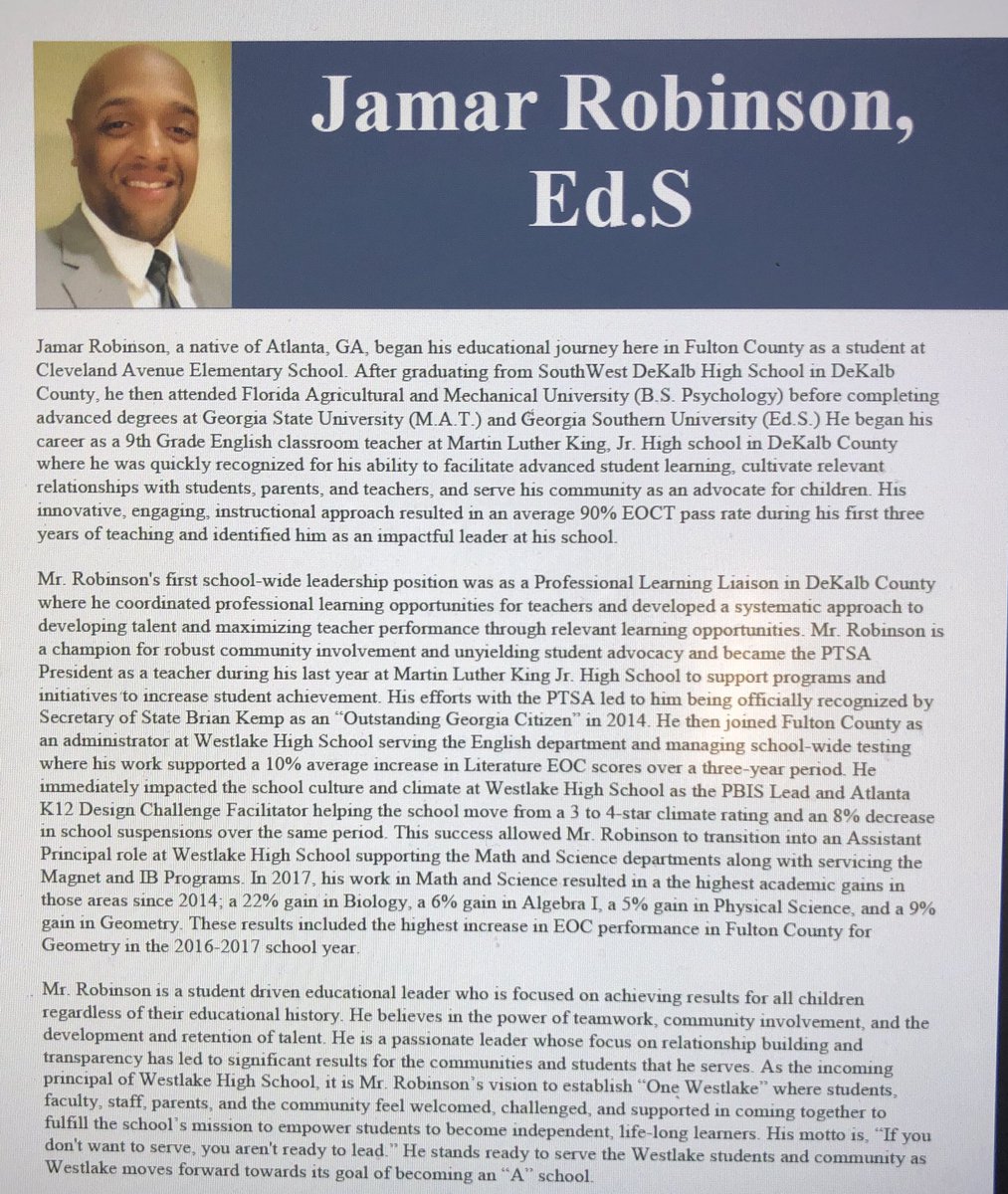 It is with great honor that I accept the Principalship of <a href="/westlakelions/">Westlake High School</a>. To our amazing students, community, &amp; staff I commit to building #ONEWestlake where the voices &amp; contributions of ALL our stakeholders are valued. #OperationA is the goal &amp; we’ll reach it TOGETHER!Go Lions!