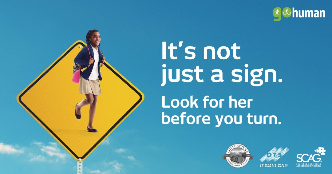 CityEastvaleCA's tweet image. We are proud to be a part of the #GoHuman campaign with @SCAGnews.  
Go Human is a community outreach campaign with the goals of reducing traffic collisions in Southern California &amp;amp; encouraging people to walk &amp;amp; bike more often. For more info visit: bit.ly/2zT8YKM.