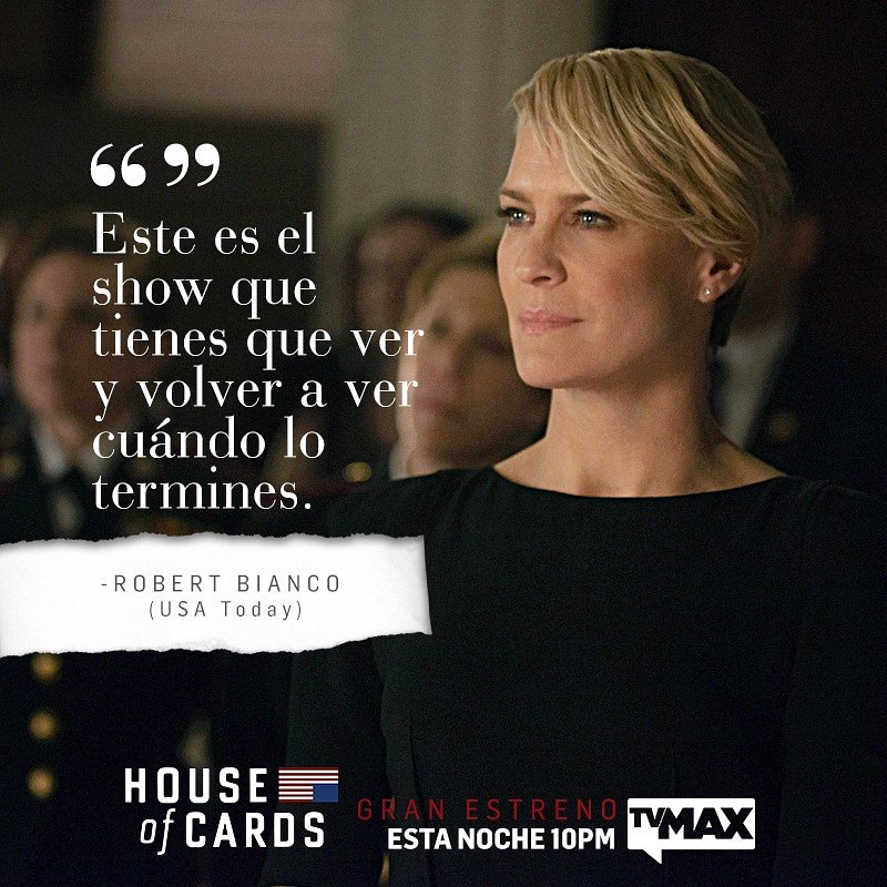 tvmaxdeportes's tweet photo. ¡ESTA NOCHE 10PM! Gran estreno de 💵HOUSE OF CARDS💵 💪El poder vale más que el dinero💰 no te lo pierdas. #FullTVMAX #FullSeries #FullPasión https://t.co/zoXQ9vC6j6
