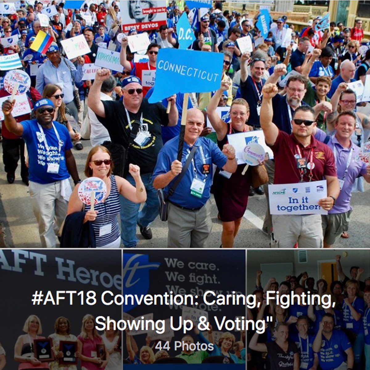 AFTCT's tweet photo. Photos: delegates from #AFTCT affiliates to #AFT18 heard from labor & pol leaders, showed #solidarity w/colleagues from across US, demonstrated how "U & I in #Union" makes us strong: https://t.co/a2rxCglhfA #IamAFT @AFTUnion @AFTTEACH @AFT_PE @AFTHealthcare @PSRP_AFT @AFTHigherEd https://t.co/3rCQFvcyT9