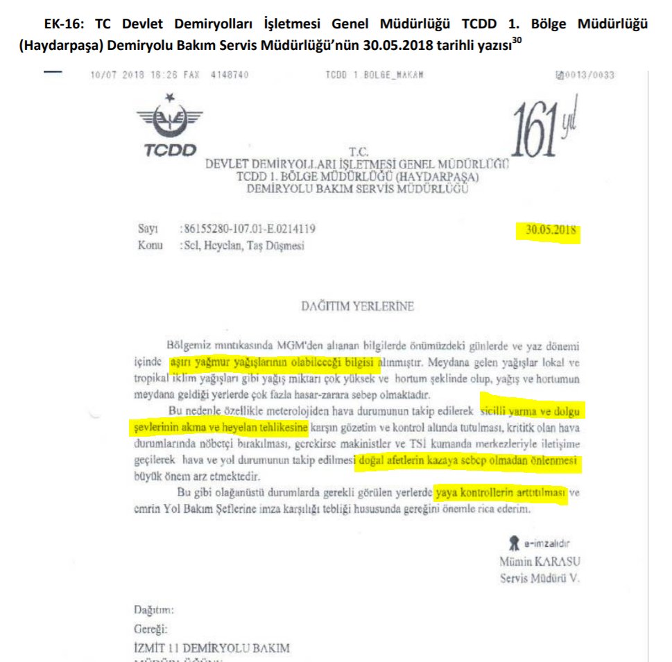 TCDD 1. Bölge Müdürlüğü (Haydarpaşa) Demiryolu Bakım Servis Müdürlüğü’nün 30.05.2018 tarihli yazısı ilgili birimleri yoğun yağışlar olacağı konusunda bilgilendiriyor, kontrollerin yapılması ve "doğal afetlerin kazaya sebep olmadan önlenmesi" için uyarıyor.