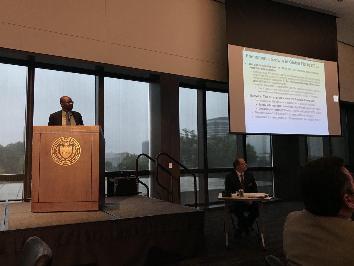 TitusAwokuse's tweet photo. Presented a paper today (with Tom Reardon) on "Impact of international capital flows in #agriculture and #food sector on #EmergingMarkets at @KansasCityFed. Excellent discussions on #trade implications for US firms. #KCFedAG #globaldev #foodsecurity @MSUIntl #FDI https://t.co/54cUOkPr7v