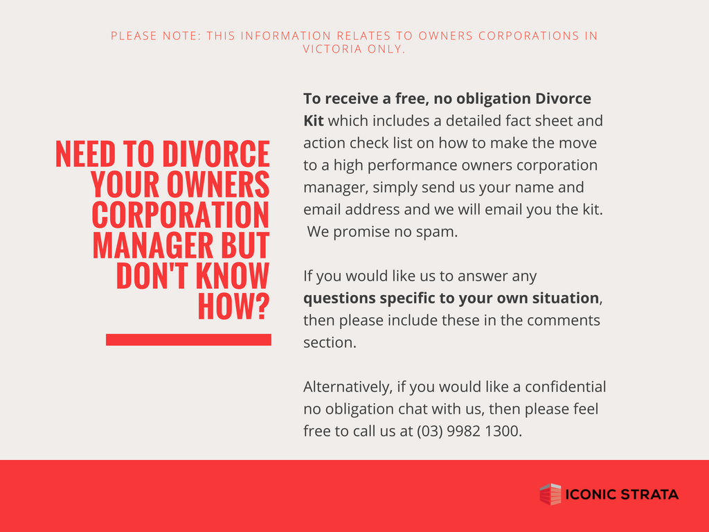 IconicStrata's tweet image. Need to Divorce your Owners Corporation Manager? Let's start with a free, no obligation Divorce Kit. Fill up our form here ➡️ bit.ly/2ILfOBS to get started 👍