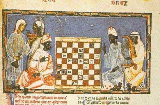 A depiction of Moorish noblemen playing chess.Alfonso X's Libro de los Juegos ("Book of Games", 1283 AD)