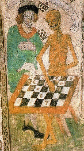 Albertus Pictor, Death playing chess, wall painting in a church in Täby, Sweden, 1480