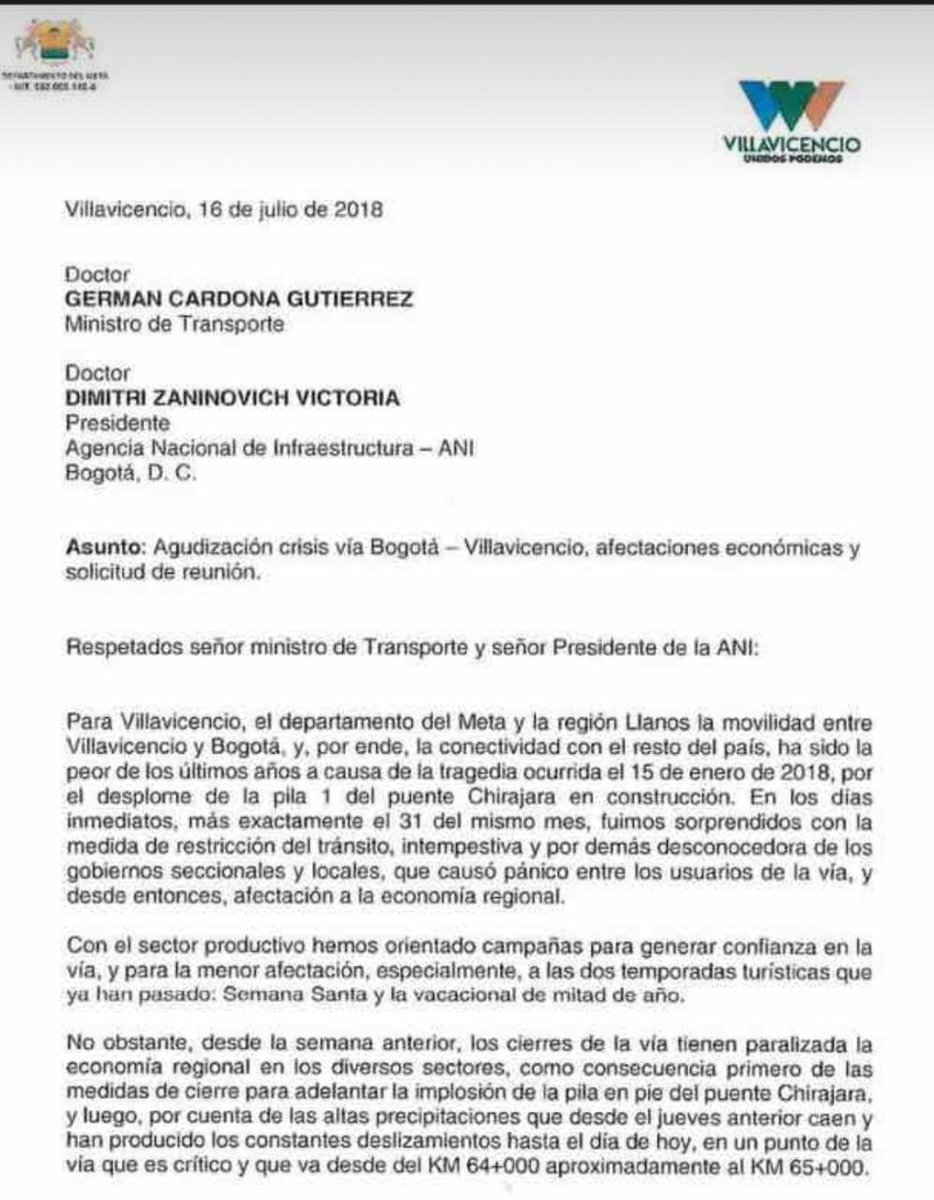 CIM_Meta's tweet photo. @CIM_Meta  @GobMeta @CamacolMeta @ANDI_Colombia @VillavoAlcaldia @Cotelco_Meta @CCVillavicencio enviamos comunicado al @MinTransporteCo y @ANI_Colombia sobre situación vía Bogotá-Villavicencio @Coviandes #ElMetaSeMamó https://t.co/uAn4RuZjYc