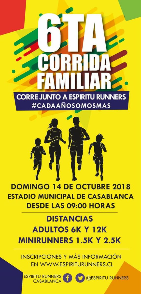A partir de hoy abiertas las inscripciones para participar de la #6tacorrida2018 familiar Corre junto a <a href="/EspirituRunners/">Espiritu Runners</a> Valor de la preventa $8.000 hasta el 10 de Agosto. Mas info espiriturunners.cl