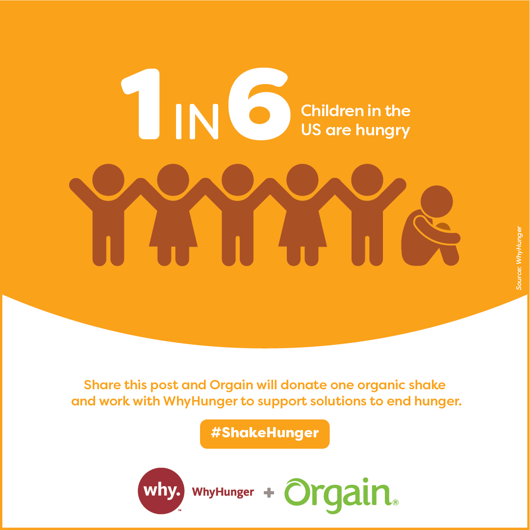 DrinkOrgain's tweet photo. RT to share this image & #ShakeHunger with @DrinkOrgain & @whyhunger. 1 Share=1 Shake! We've already donated over 50k Organic Nutrition Shakes to food banks nationwide and YOU can help us give more! Visit https://t.co/WrgjHwdCER now! https://t.co/A77jNcqp7F
