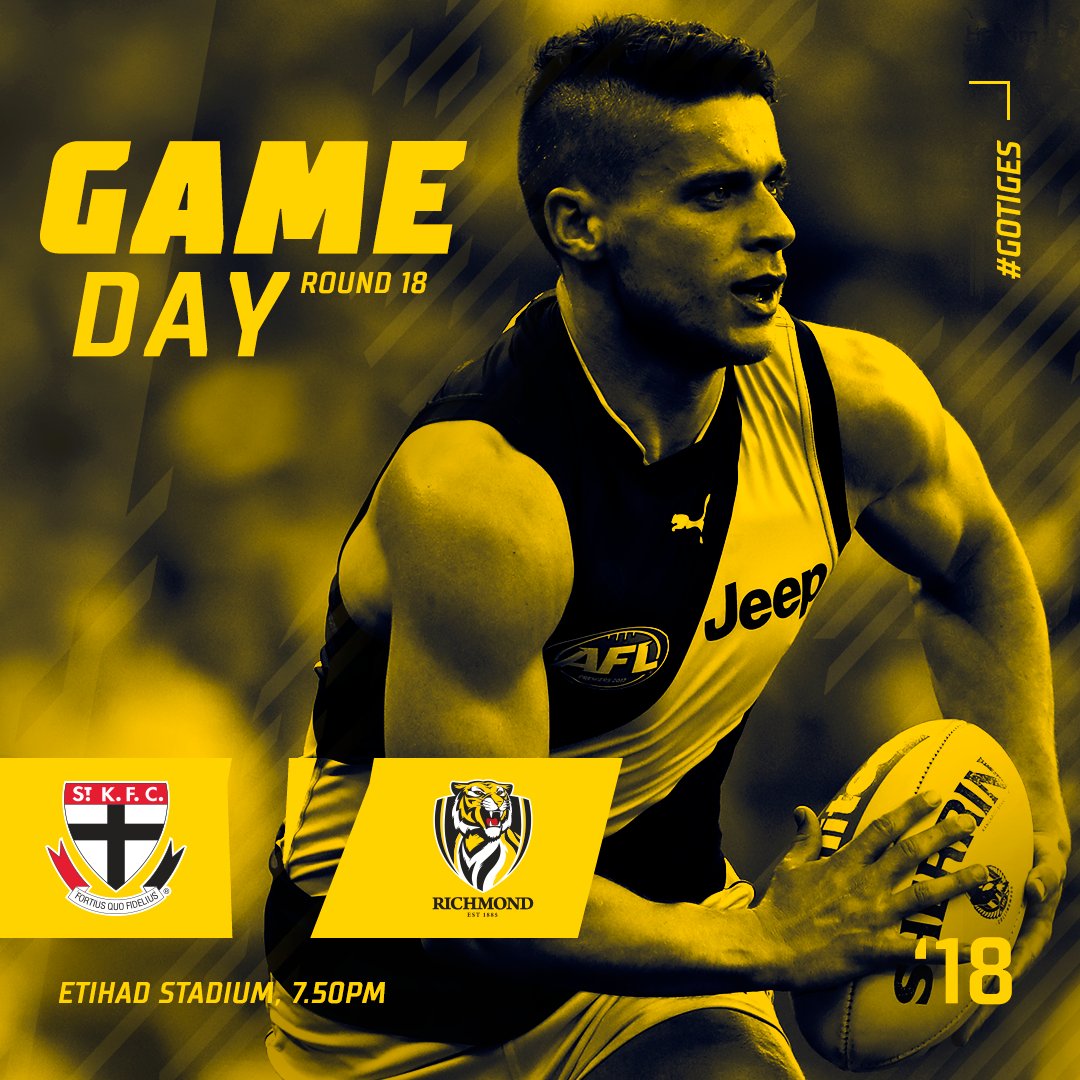 Richmond_FC's tweet photo. Get up, Tiger Army! It's game day. 
ℹ️ https://t.co/rwozoaDcxF
💜 Supporting @MaddiesVision 
⏰ 7.50pm 
📍 @EtihadStadiumAU
🎟 https://t.co/kxv1ha9Cpp
📺 @7AFL/@FOXFOOTY 
#️⃣ #AFLSaintsTigers #gotiges https://t.co/oougiJPxCa