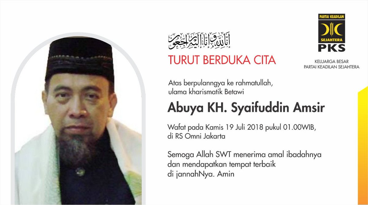 Kami menjadi saksi segala kebaikan atas ilmu dan hikmah yang kau berikan wahai Ayahanda.. 

Wahai jiwa yang tenang... Semoga Allah menerima segala amalmu dan menempatkanmu bersama para solihin disisiNya. 

Turut berduka atas berpulangnya Abuya KH. Syaifuddin Amsir.