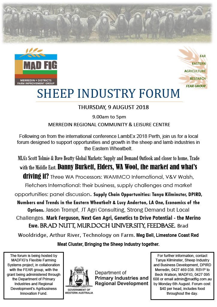 MADFIG14's tweet photo. Sheep Industry Forum- hosted by MADFIG’s Flexible Farming Systems project, in collaboration with the FEAR group. Make sure you put it in your diary and RSVP to Beck at admin@madfig.com.au by the 6th August.
@DPIRD_WA #SheepEvent @meatlivestock @Tan_Killa #SheepIndustryForum2018 https://t.co/FpaFAA7hax