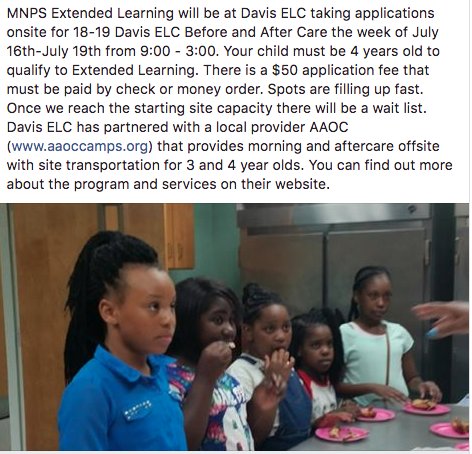 DavisELCPreK's tweet photo. Information about @ExtLearningMNPS for students ages 4 and up is below along with a local aftercare provider that serves the school and accepts students ages 3 and 4. AAOC  https://t.co/K7MWrmooBl https://t.co/PVpKE6Q0SN