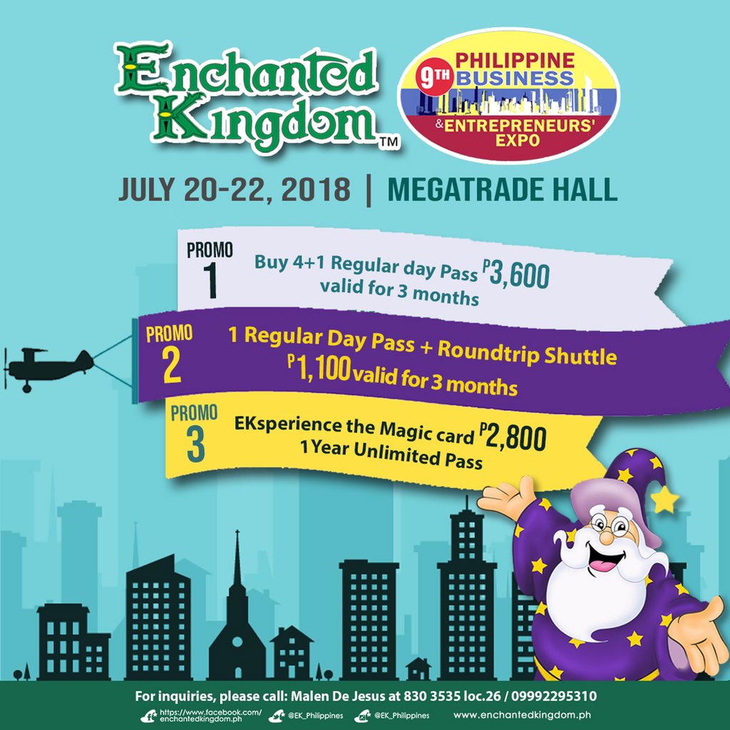 ek_philippines's tweet photo. #CatchEldar at the 9th Philippine Business and Entrepreneurs Expo from July 20 to 22, 2018 at the Megatrade Hall 1, SM MegaMall and get these exclusive offers from #EnchantedKingdom!
#iloveEK #offsitepromos https://t.co/SBc3kOz67q