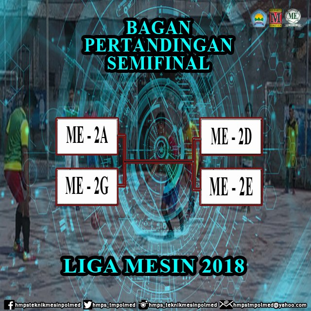 hmps_tmpolmed's tweet photo. [LIGA MESIN 2018]
Bagan pertandingan babak semifinal LIGA MESIN 2018..
.
.
.
Pertandingan diselenggarakan :
🔨Minggu,15 juli 2018.
🔧Dilapangan Bali Futsal (Jln.Sipirok no.118 Padang Bulan, Medan). 

#ligamesin2018
#hmpsteknikmesinpolmed https://t.co/SeHDJM1wnt