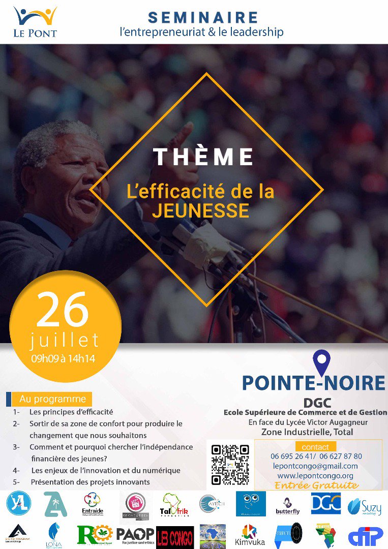 yalicongoalumni's tweet photo. Vous êtes à #PointeNoire au #Congo et êtes #Jeune?
Ne manquez pas à ce rendez-vous à l'école DGC ce Jeudi 26 juillet 2018 dès 9h avec l'ONG Le Pont, partenaire. de l'Association YALI Congo.
Détail sur l'affiche.
#MyMandelaLegacy
#YALIServes
#YALICongo
#ChezMoiAuCongo https://t.co/LWH5gI8S70