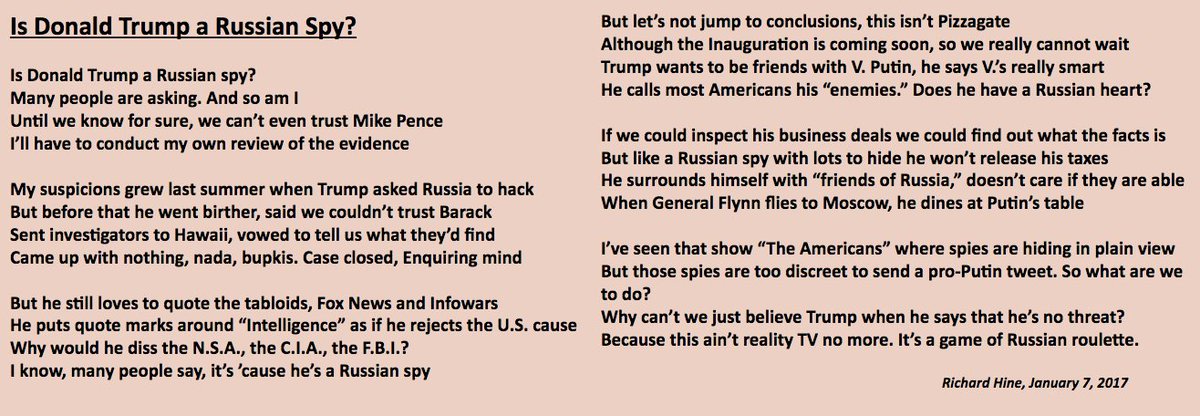 My poem from January 7, 2017: "Is Donald Trump a Russian Spy?"  #TrumpKnew  https://medium.com/@richardhine/is-donald-trump-a-russian-spy-4fd6abb8e5ff