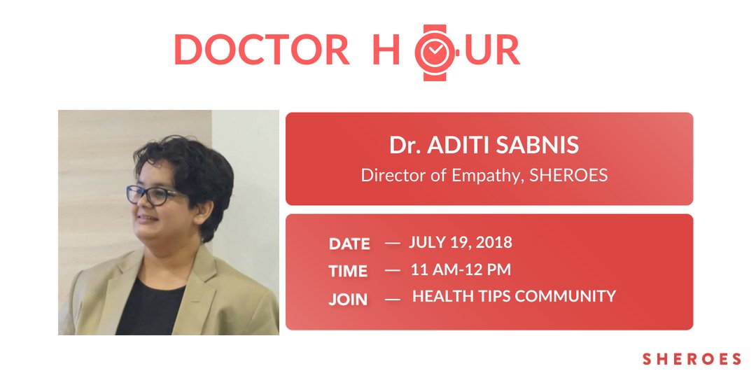 Ladies, #DoctorHour with our resident psych @AdiLives has just kicked off. #Anxiety ( #OCD , panic, GAD) & the #LGBTQIA spectrum are her specialties. Download the SHEROES app & talk to her here: shrs.me/RbxRk0nGFO #MentalHealthMatters #FreeYourMind #SHEROES