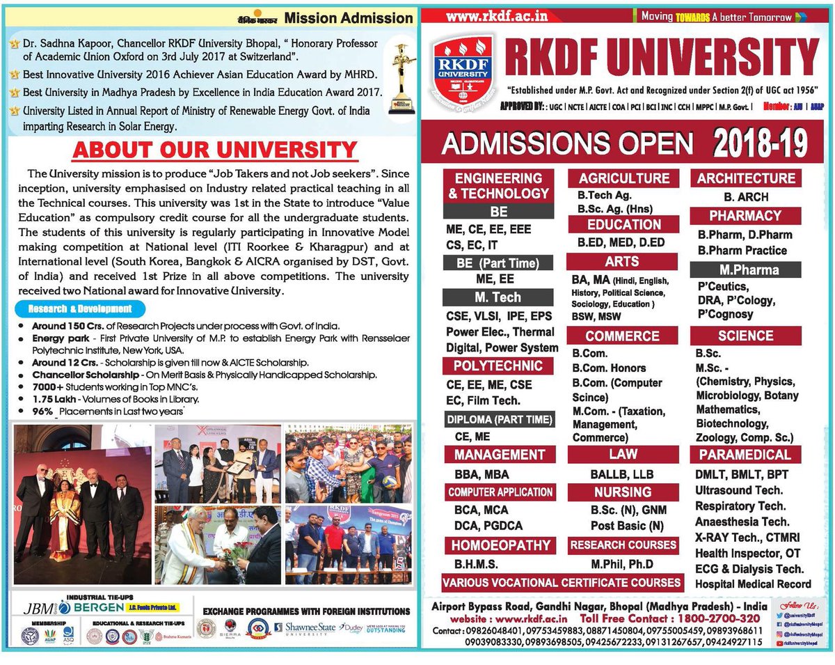 UniversityRkdf's tweet photo. RKDF University Admission Open for Session 2018-19. 
Print Media: #Dainikbhaskar
#rkdfuniversity
#dbbhopal
#admissioninengineering
#bhms
#nursing
#paramedical
#bestengineeringuniversity
#bestinresearch https://t.co/aM05zZ5749