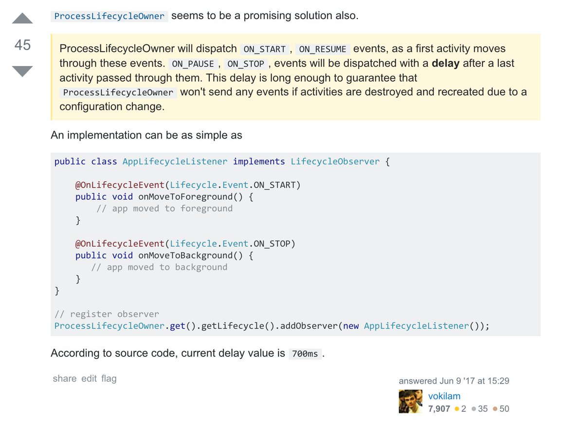 yasinkafadar's tweet image. iOS geliştirirken uygulamanın backgrounda gittiğini kolayca anlayabiliyorken, Android için saçma sapan kodlar yazmak gerekiyordu. Artık bu saçmalıkları lifecycle componenti kendi içine almış :) #android #lifecycle #AndroidArchitectureComponents