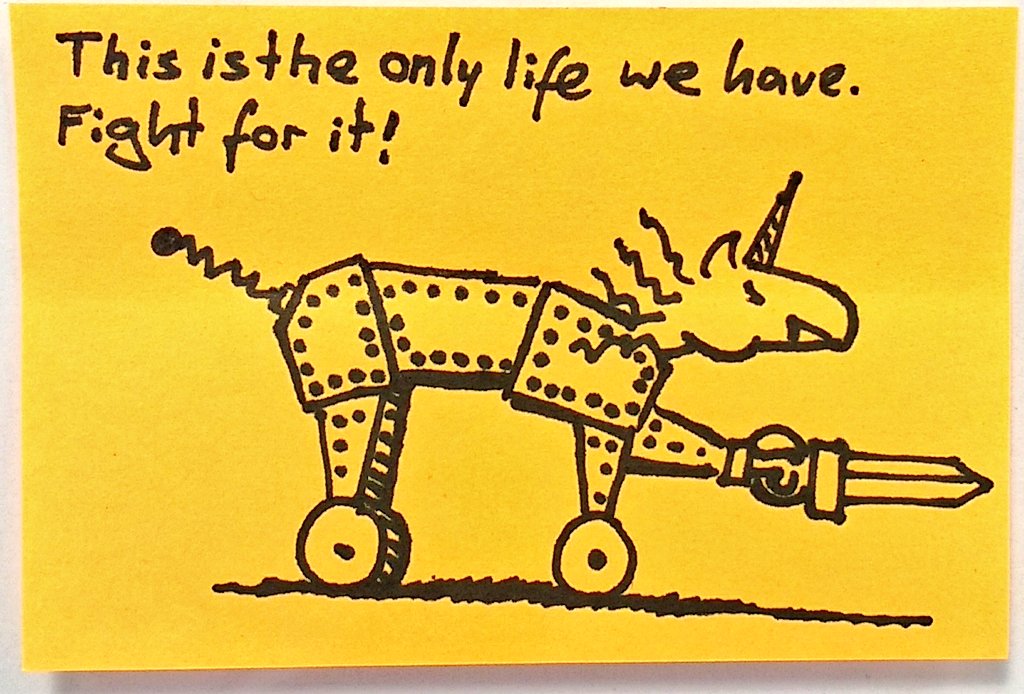 robot unicorn wields fiercely a sword in order to defend itself