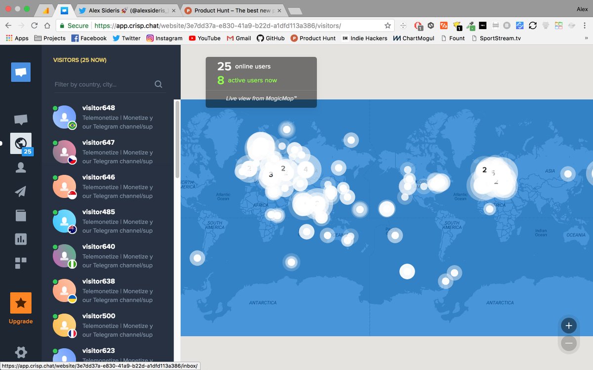 alexwestco's tweet photo. So far we have 85 upvotes and about 8-10 active users at any given time. BTW I use https://t.co/WVLuKY67ym for the chat bot which has embedded real time analytics which I like even more than Google Analytics #sexydesign https://t.co/bNmlwNle2I