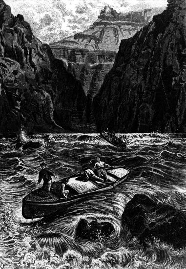 Engraving of the Powell expedition on the Colorado.