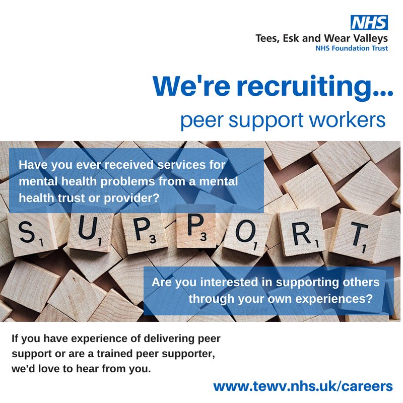 TEWV's tweet photo. Have you received services for mental health problems? Want to use your experience to support others? We're recruiting peer support workers to 3 of our #Teesside teams. https://t.co/gh6DCaNTB5 ref 346-TSA-70-18, 346-TSA-71-18 & 346-TSA-72–18 (search peer support) #TEWVPeerSupport https://t.co/X2mjbbcjGj