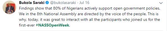 EiENigeria's tweet photo. Dear @bukolasaraki 

From our survey in 2017, 76% of Nigerians support open government policies. This corroborates your findings. But a transparent &amp; open @nassnigeria is beyond just the #NASSOpenWeek. 
(THREAD)
#OpenNASS https://t.co/n1PO8gAu7E
