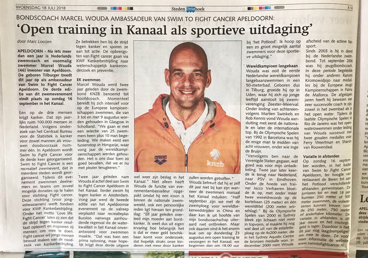 Ook altijd al eens tips willen krijgen van Marcel Wouda?
Schrijf je vandaag nog in voor Swim to Fight Cancer Apeldoorn op 16 september via apeldoorn.swimtofightcancer.nl
Op 23 augustus geeft hij een training in het Apeldoorn kanaal om 18.00 uur bij “Het Potlood”
